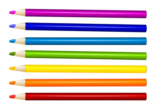 Seven color pencils in arrange in color row on white background — Stock Vector