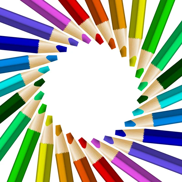 Lápices de color en organizar en colores rueda de color sobre fondo blanco — Vector de stock