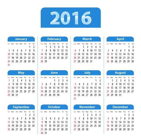 Calendario inglés brillante azul para 2016 — Vector de stock