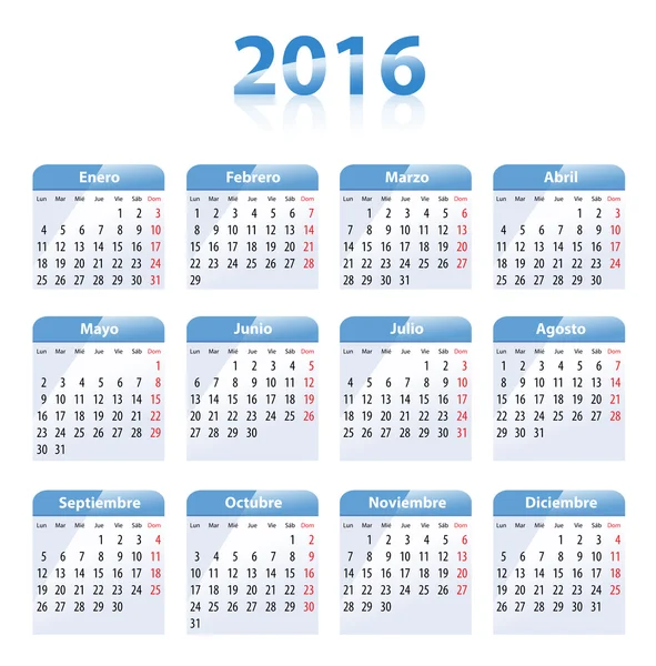 スペイン語で 2016 年の青い光沢のあるカレンダー — ストックベクタ