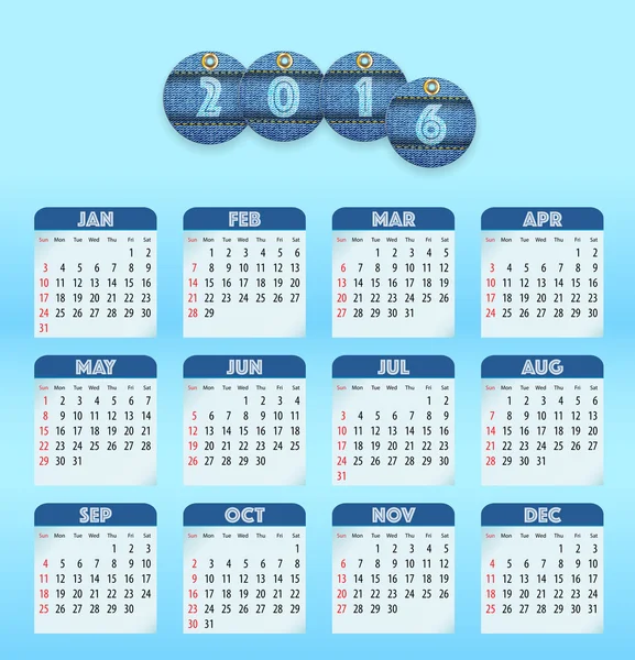 Blauwe Engels kalender voor 2016 met cirkel cut jeans tags — Stockvector