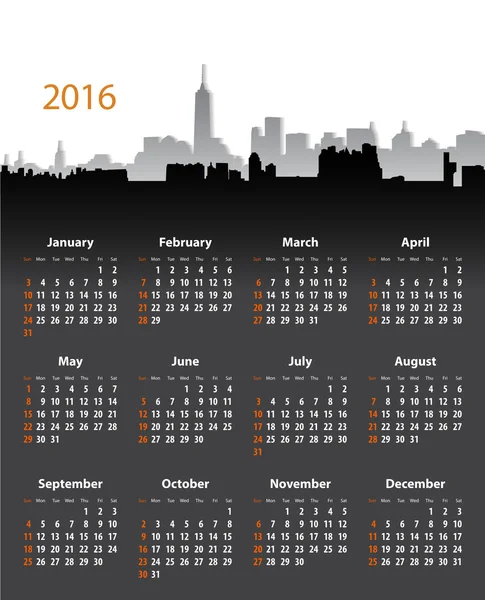 2016 год стильный календарь на фоне городского пейзажа — стоковый вектор