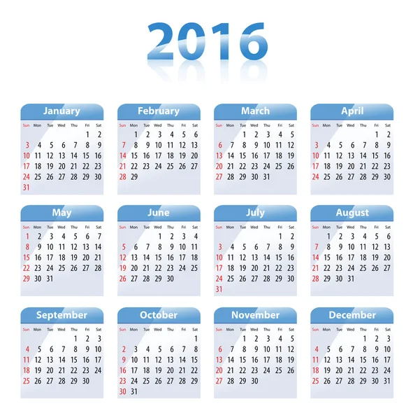 Calendrier brillant bleu anglais pour 2016 — Image vectorielle