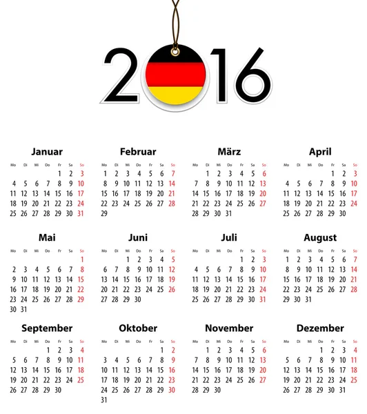 Calendrier solide allemand pour 2016 avec drapeau comme tag — Image vectorielle