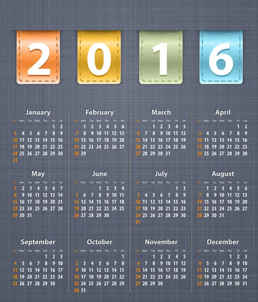 Calendario elegante per il 2016 su texture di lino con inserto in pelle — Vettoriale Stock