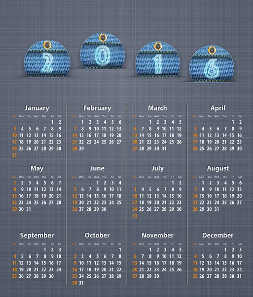 Calendario con estilo para 2016 en la textura de lino con etiquetas jeans — Vector de stock