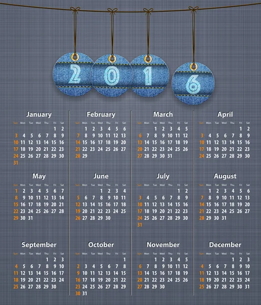 Calendrier anglais élégant pour 2016 sur la texture de lin avec jeans ta — Image vectorielle