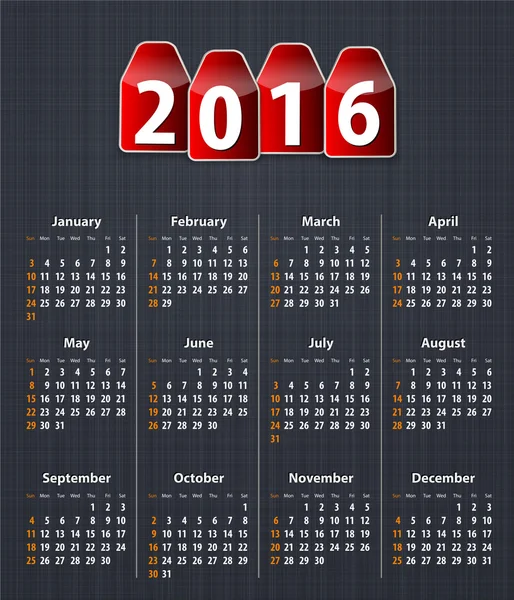 Calendário elegante para 2016 na textura de linho com etiquetas vermelhas — Vetor de Stock