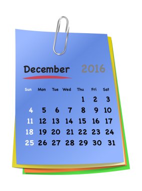 Calendar for December 2016 on colorful sticky notes clipart