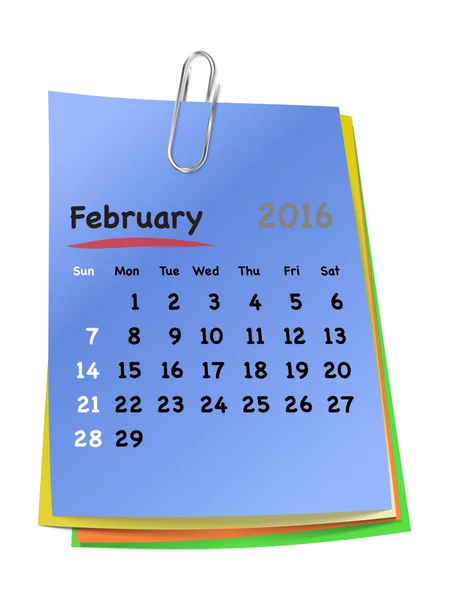 Kalendář pro únor 2016 na barevné poznámek sticky notes — Stockový vektor