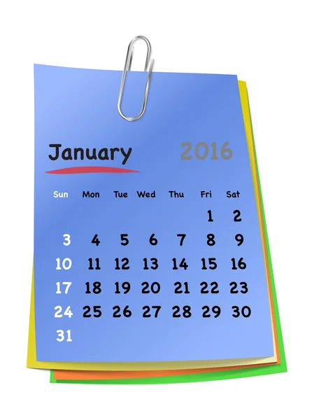 Calendar for january 2016 on colorful sticky notes — Stock Vector