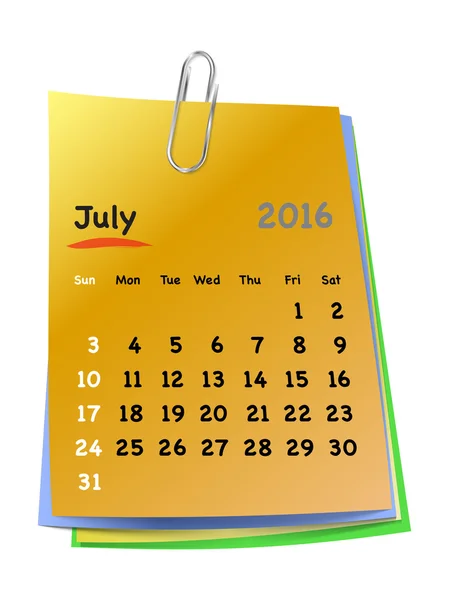 Calendario per luglio 2016 su note adesive colorate — Vettoriale Stock
