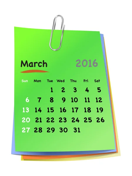 Календарь на март 2016 года на красочных липких нотах — стоковый вектор