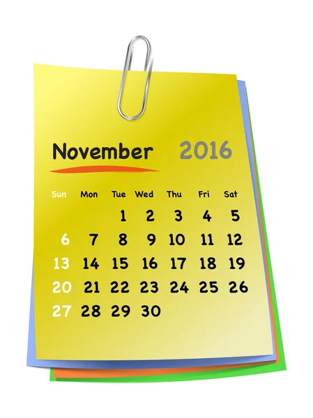 Calendar for november 2016 on colorful sticky notes — Stock Vector