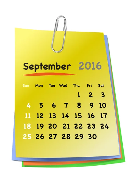 Календарь на сентябрь 2016 года на красочных липких нотах — стоковый вектор