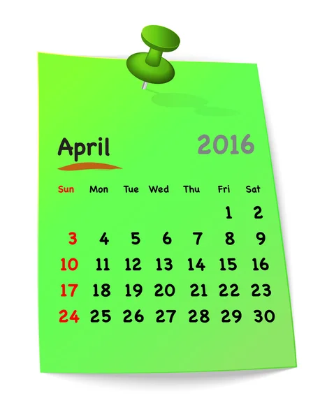 Kalenderblatt für April 2016 auf grünem Klebezettel — Stockvektor