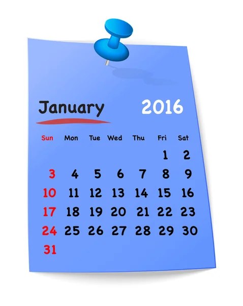 Calendar for january 2016 on blue sticky note — Stock Vector