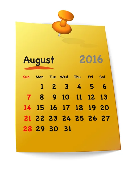 Calendário para agosto de 2016 na nota pegajosa laranja — Vetor de Stock
