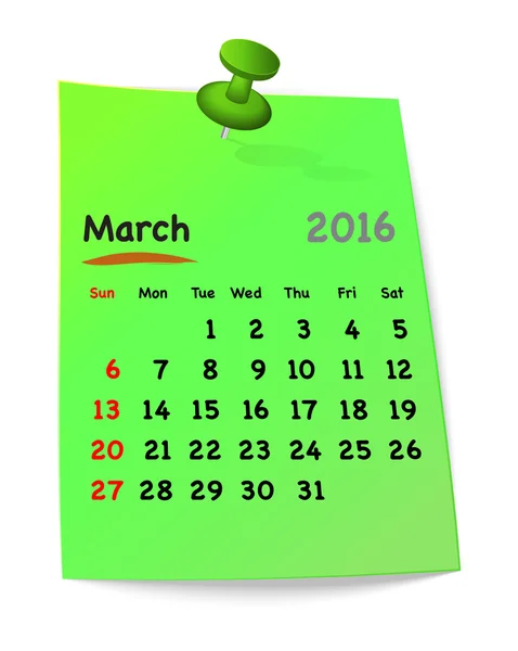 Kalender für März 2016 auf grünem Klebezettel — Stockvektor