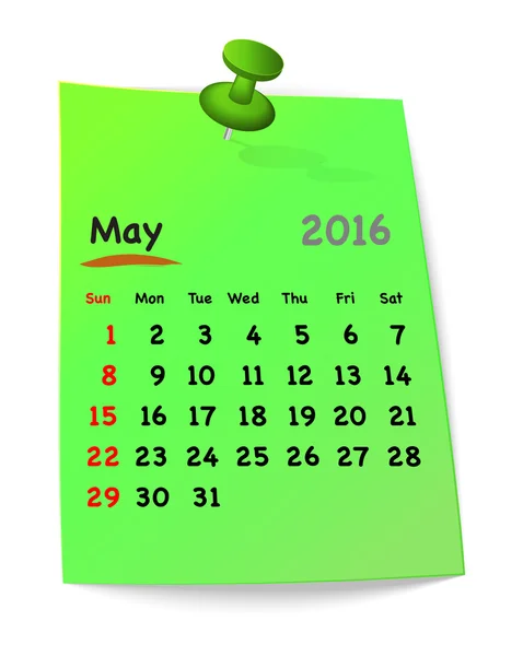 Calendar for may 2016 on green sticky note — Stock Vector