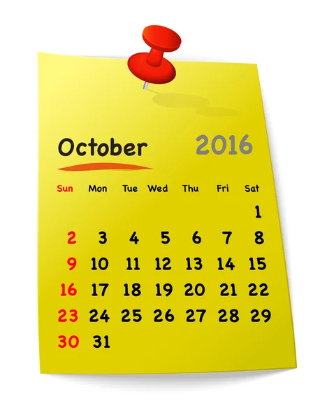 Calendar for october 2016 on yellow sticky note — Stock Vector