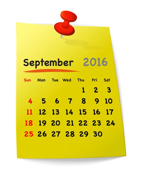 Календарь на сентябрь 2016 на желтую липкую ноту — стоковый вектор