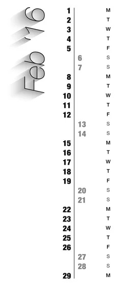 Calendário mensal para fevereiro de 2016 — Vetor de Stock