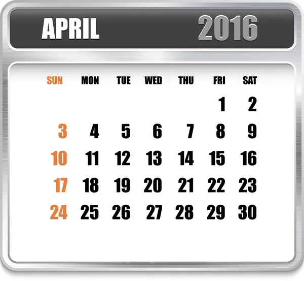 Monthly calendar for April 2016 — Stock Vector