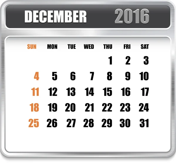 Ежемесячный календарь на декабрь 2016 — стоковый вектор