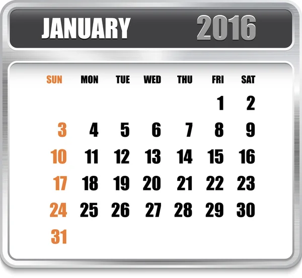 Kalendarza miesięcznego dla stycznia 2016 — Wektor stockowy