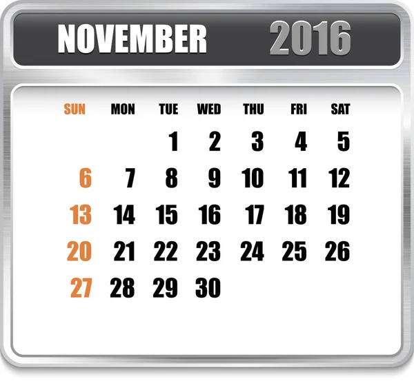 Monthly calendar for November 2016 — Stock Vector