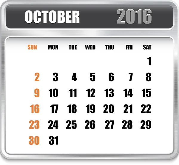 Monthly calendar for October 2016 — Stock Vector