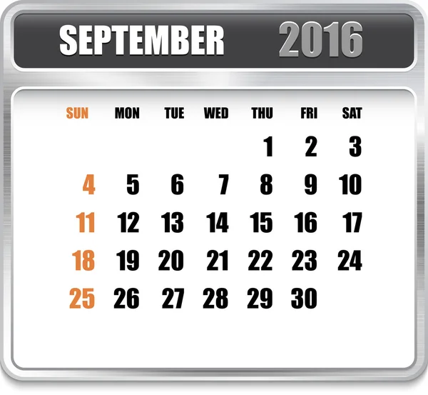 Ежемесячный календарь на сентябрь 2016 — стоковый вектор