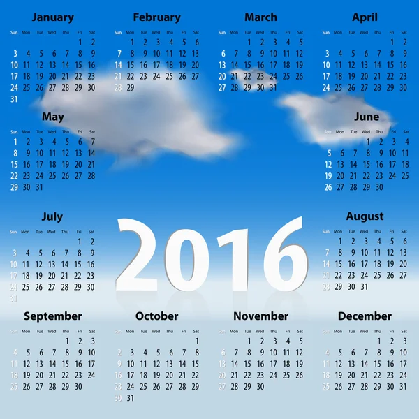 English Calendar for 2016 year with clouds — Stock Vector