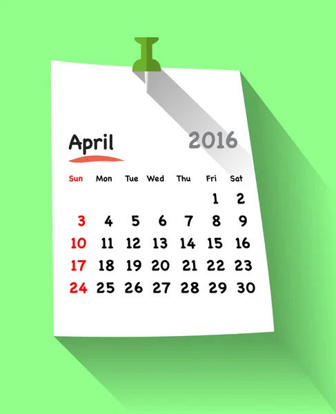 Flat design calendar for april 2016 on sticky — Stock Vector