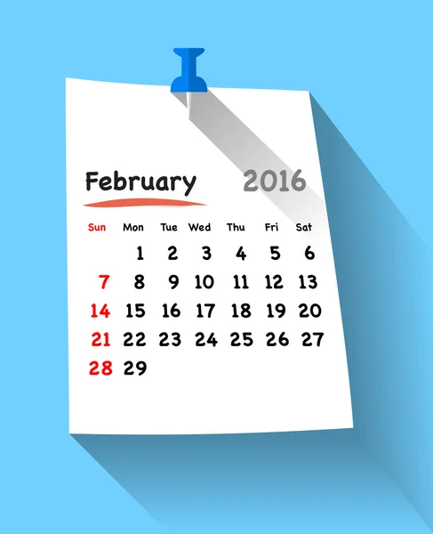 Calendario de diseño plano para febrero de 2016 en nota adhesiva azul — Vector de stock