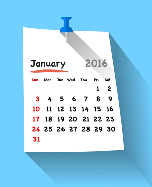 Flat design calendar for january 2016 on sticky — Stock Vector