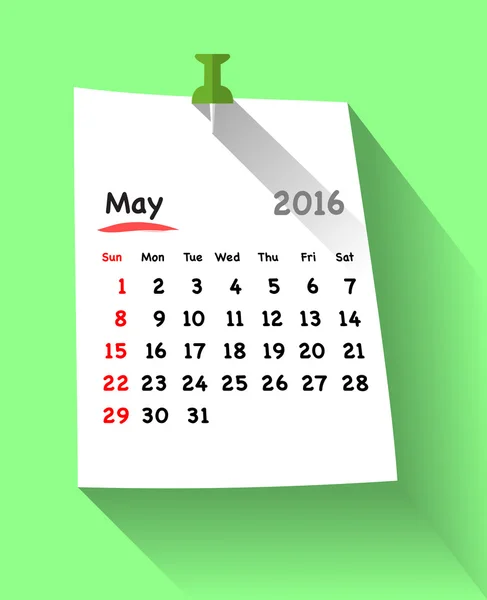 Flat design calendar for may 2016 on sticky — Stock Vector