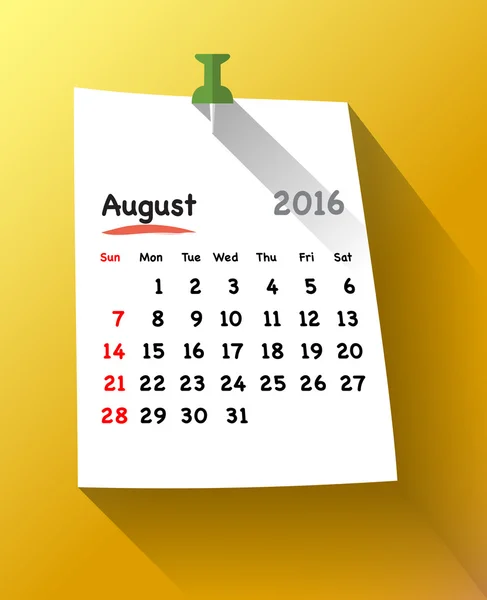 付箋上 8 月 2016 年のフラットなデザイン カレンダー — ストックベクタ