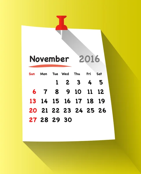 Flat design calendar for november 2016 — Stock Vector