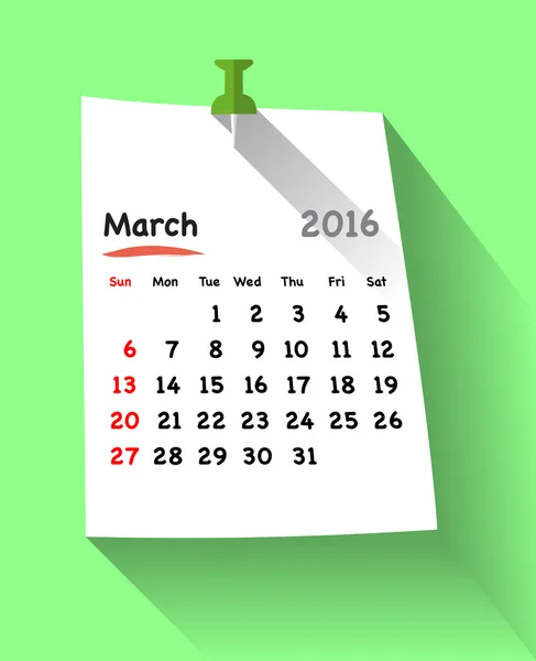 Calendario design piatto per marzo 2016 su appiccicoso — Vettoriale Stock
