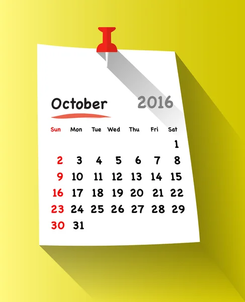 Flat design calendar for october 2016 — Stock Vector