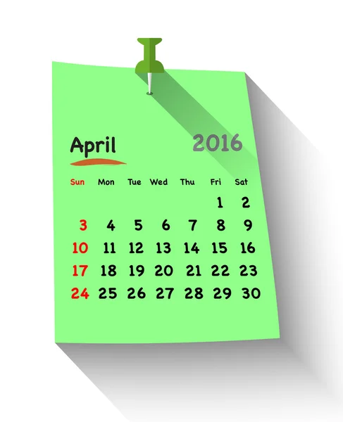 Flat design calendar for april 2016 — Stock Vector