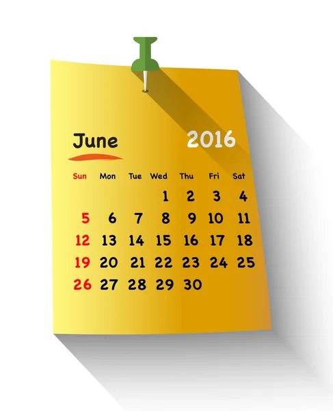 Calendario design piatto per giugno 2016 — Vettoriale Stock