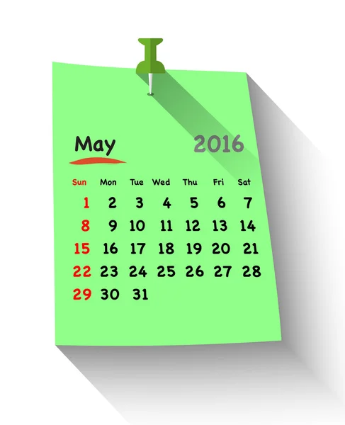Flat design calendar for may 2016 — Stock Vector