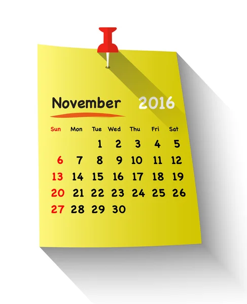 Flat design calendar for november 2016 — Stock Vector