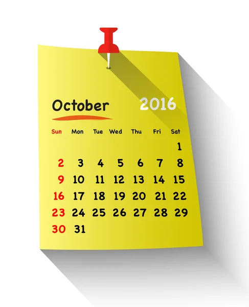 Flat design calendar for october 2016 — Stock Vector