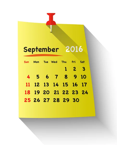 Календарь плоского дизайна на сентябрь 2016 — стоковый вектор