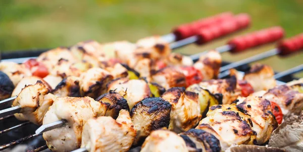 Närbild av en grill med kyckling och grönsaker på spjut — Stockfoto