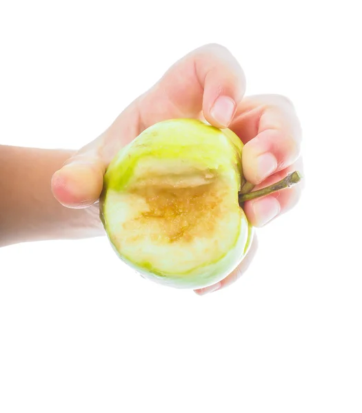 Little childs hand holding an unripe green apple towards white — Stock Photo, Image